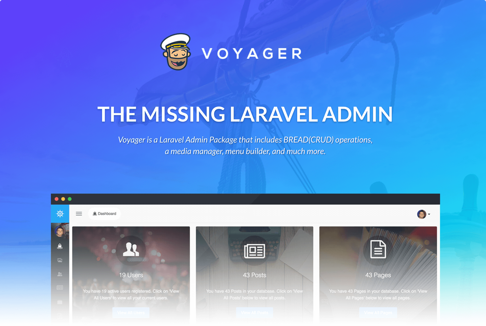 The homepage of Voyager, a Laravel admin panel kit