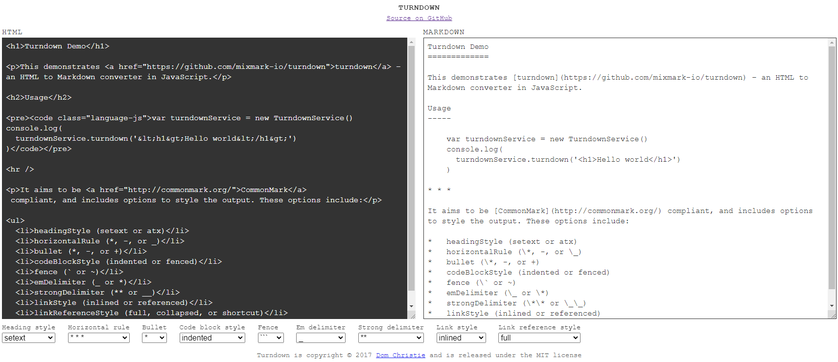 Turndown HTML to Markdown converter interface