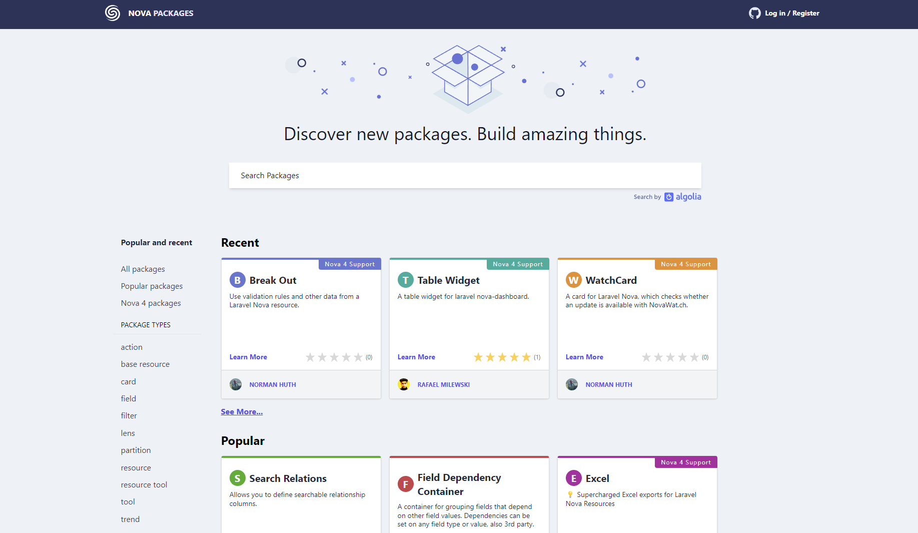 Nova Packages is another example of a TALL Stack website.