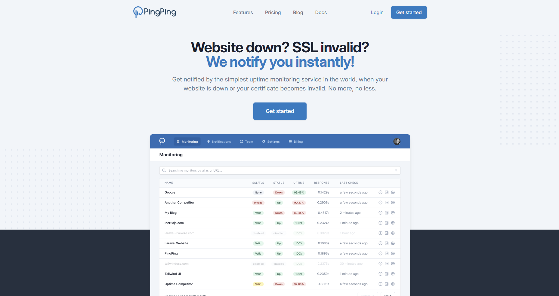 PingPing is an uptime monitoring service built with the TALL Stack.